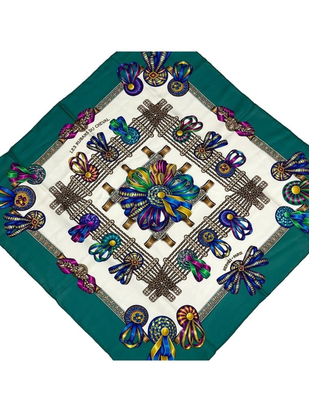 Hermes Scarf Carre 90 Ivory Blue Green Multi les Rubans du Cheval